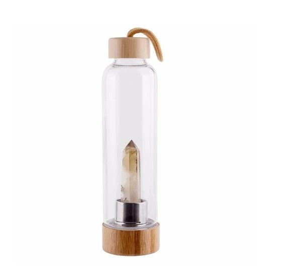 Crystal Infused Waterfles – Glazen Elixir Fles met Edelstenen & Bamboe Dop | Voor Energie, Balans en Bewuste Hydratatie