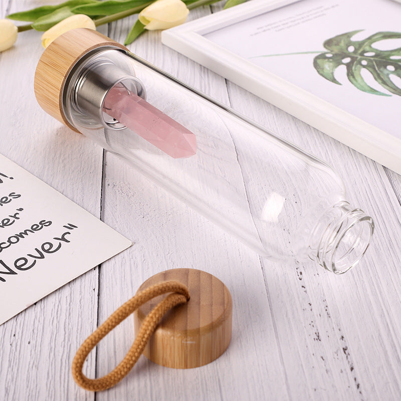 Crystal Infused Waterfles – Glazen Elixir Fles met Edelstenen & Bamboe Dop | Voor Energie, Balans en Bewuste Hydratatie