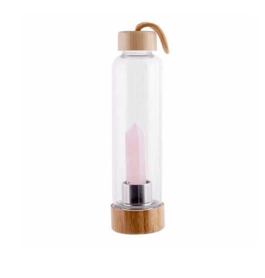 Crystal Infused Waterfles – Glazen Elixir Fles met Edelstenen & Bamboe Dop | Voor Energie, Balans en Bewuste Hydratatie